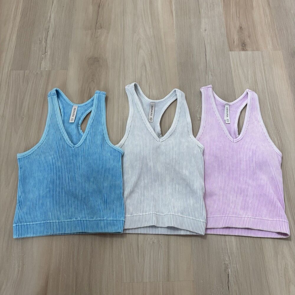 Zenana V Neck Ribbed Racerback Mineral Wash Cropped L/XL Padded Pink Gray Blue